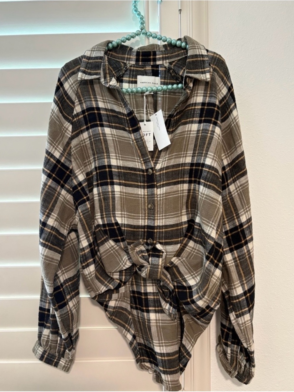 NWT American Eagle Plaid Button-Up Flannel Shirt with Tie Waist
